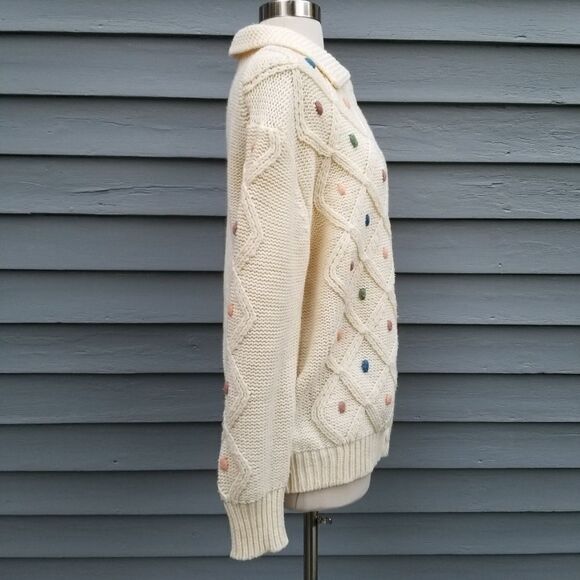 Vintage 70s Pastel Dots Cream Acrylic Fisherman Button Down Cardigan Sweater Lg - Picture 3 of 9
